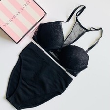 32C SMALL Victoria  s Secret black pushup bra set high rise ribbed cheeky panties