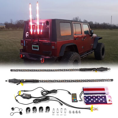 Pair 4FT RGB Chasing Lighted Spiral LED Whip Lights For Jeep