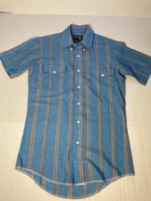 Vintage Wrangler Button Up Short Sleeve Stripes 1970  s Blue Size Small Retro
