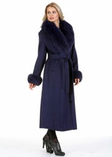 Plus Size Full Length Long Cashmere Coat With Real Fox Fur Collar And Cuffs Navy