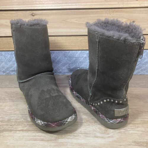 Uggs Womens Boots 1007491 Short Rock Gray Plaid Trim Back Zipper Studded Size 6 - Picture 1 of 11