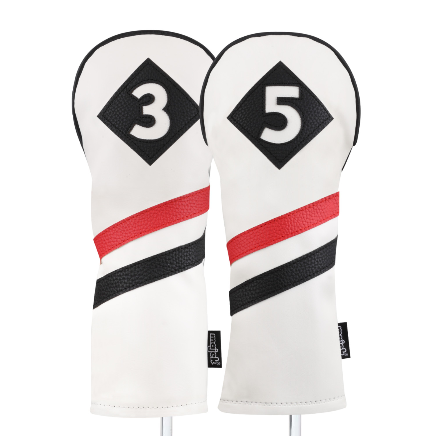 Majek Retro Golf #3 & 5 Fairway Wood Headcover White Red Black Leather Style