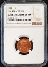 1938 Lincoln Cent certified Mint Error, Reverse Struck Thru, MS 66 RD by NGC!