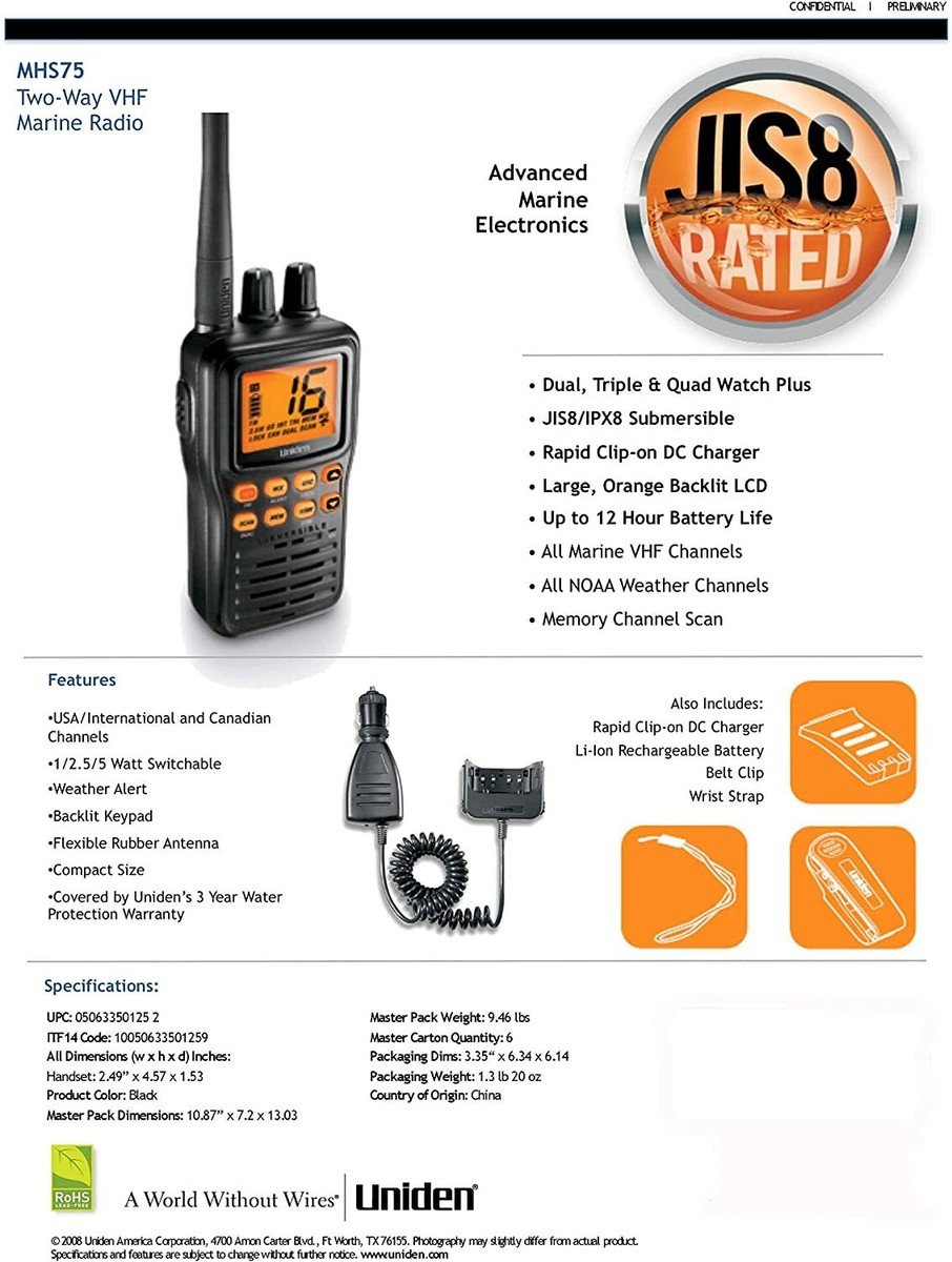 Uniden MHS75 Submersible Handheld Two-Way VHF Marine Radio Uniden MHS75 Submersible Handheld Two-Way VHF Marine Radio