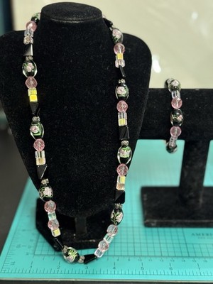 Vintage Artistic Morano Glass Bead Pink & Black Necklace & Matching Bracelet Set