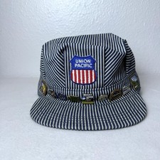 Vintage Union Pacific Railroad Conductor Hat Blue Hickory Stripe With Pins USA