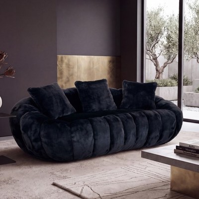 Floral Shaped Faux Fur Loveseat Sofa, 75.49'' L x 42.69'' W, Black
