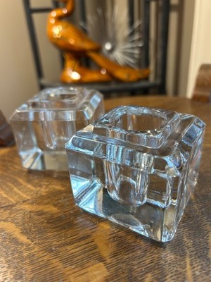 Pair of Antique Heavy  Clear Glass Ink Wells Paperweight Desktop