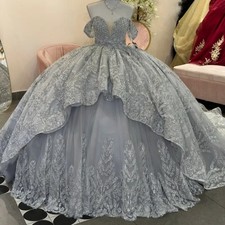 Gray Quinceanera Dresses Off Shoulder Sequin Applique Lace Beads Tull Ball Gown