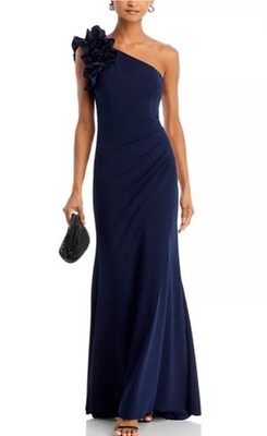 aqua navy blue dress Crepe One Shoulder Ruffle Gown Size 4 Wedding Guest Elegant Formal adjustable thin straps