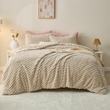 Fluffy Faux Fur Comforter Set, Plush Fuzzy Minky Bedding Queen Grid - Khaki