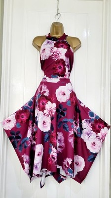 Quiz size 18 maroon pink floral hanky hem stretch summer dress wedding holiday