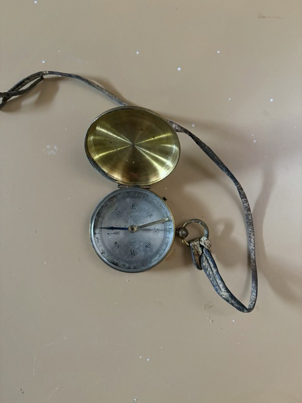 Vintage Brass French Compass Antique with Cover and leather lanyard