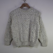 Vintage Aran Crafts Ireland Cable Knit Wool Sweater Size S Cream Speckled Irish