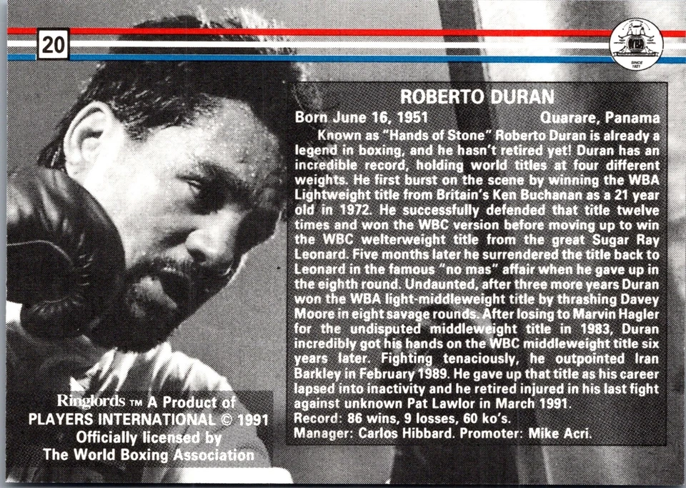 1991 RINGLORDS #20 ROBERTO DURAN HALL OF FAME LIGHTWEIGHT CHAMPION NM/M - Image 2 of 2