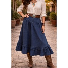 Vintage Wrangler Denim Maxi Skirt Navy Blue Ruffle Hem Western Boho WW204NV 9/10