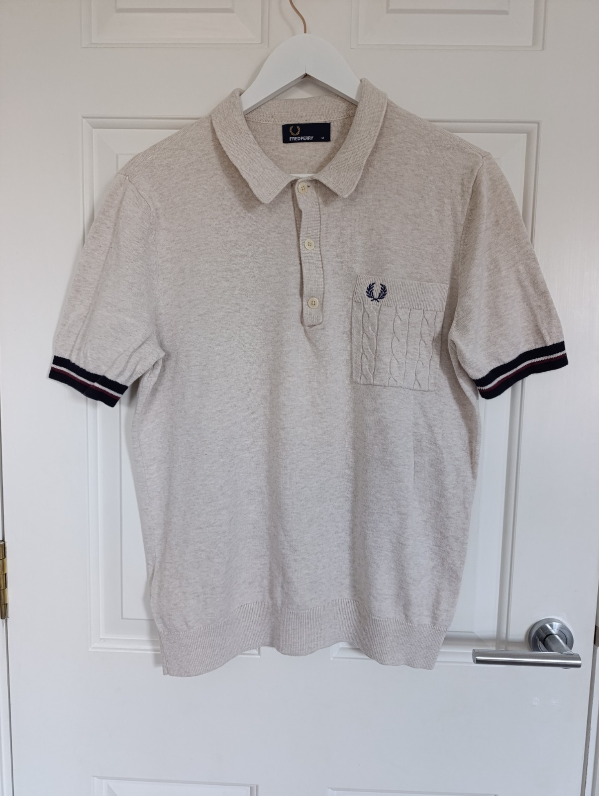 FRED PERRY Knitted Polo Shirt Cable Pocket Short Sleeve Mod, Ecru, Mens M rrp£90