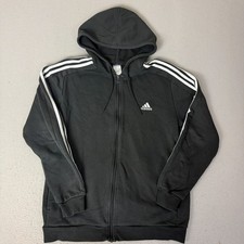 Adidas Mens Full Zip Hoodie Large Black 3 Stripe Fleece Lined Sweatshirt