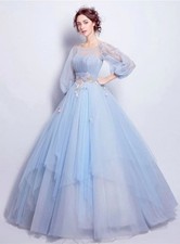Blue Long 3/4 Balloon Sleeve Crew Neck Tulle Ball Gown Layered Beaded Dress