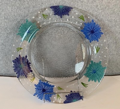 VTG Crate and Barrel Hand Painted Floral Glass Serving Platter 14.5''  Italy NEW