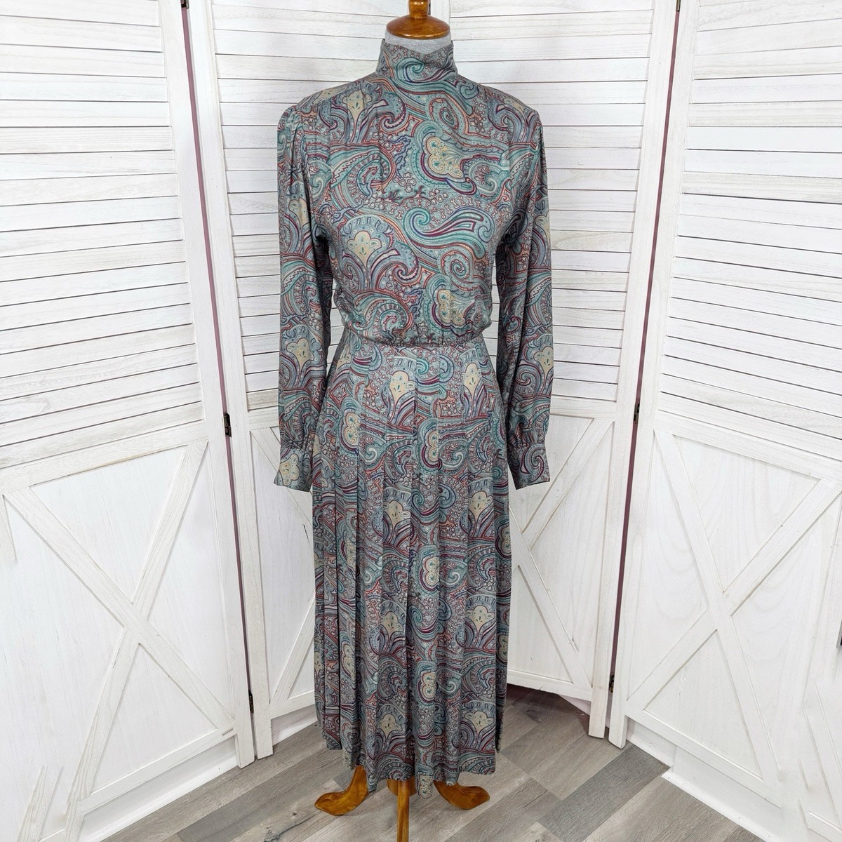 Vintage J.G. Hook Maxi Dress Women 4 Green Multi Paisley Pleated Skirt Mock  Neck