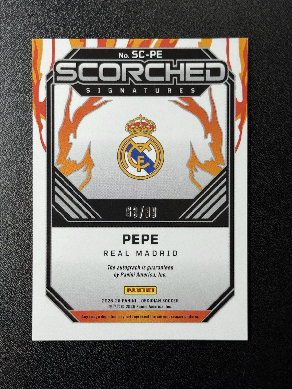 2025-26 Panini Obsidian Soccer Scorched Signatures Pepe Auto /89 Real Madrid view 2