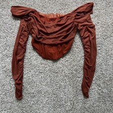 Women's Sheer Crop XL Corset Ruched Ruffle Off Shoulder Mesh Cropped Long Sleeve