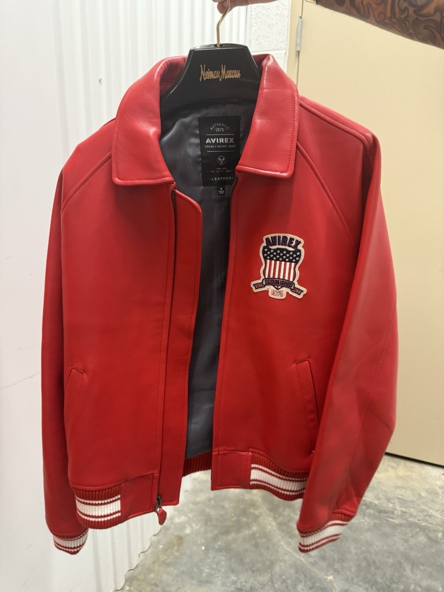 ジャケット・アウター Avirex Leather Embroidery Jacket Avirex Red Leather Bomber Jacket Embroidered Logo Zipper Striped