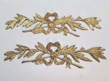 Vintage Solid Brass Bow & Leaf Flourish Wall Appliqués/Pediments- Made in India 
