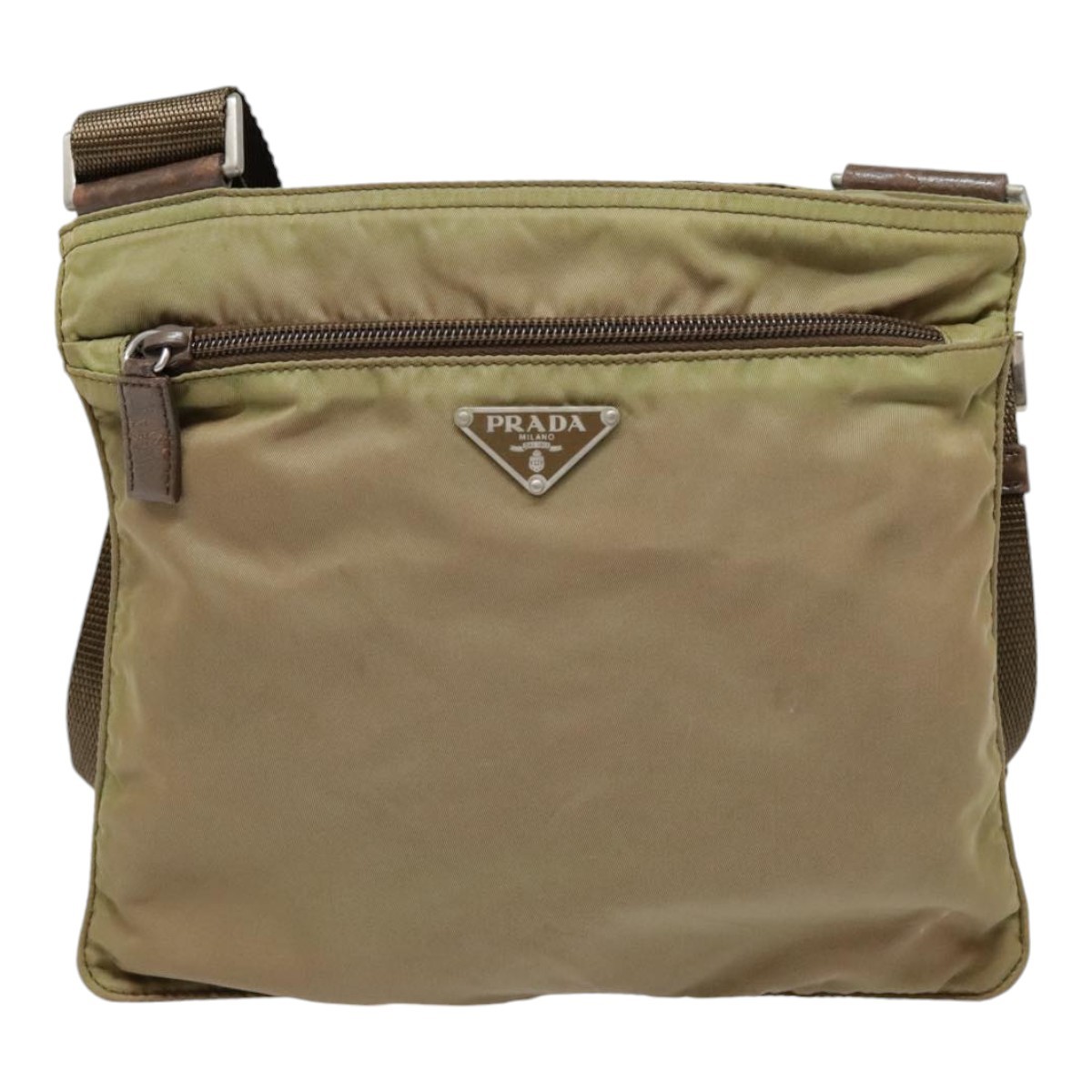 Prada Khaki Triangle Logo Synthetic Shoulder Bag Authentic