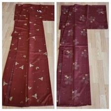 Rare Red Kimono with Butterfly Cherry Blossom Patterns Washable Japan