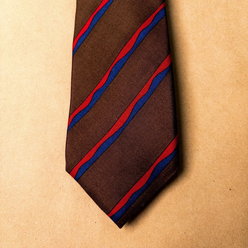 True Vintage Lanvin Men's Neck Tie 100% Silk Brown Blue Red Stripe Skinny Narrow - Image 2 of 4