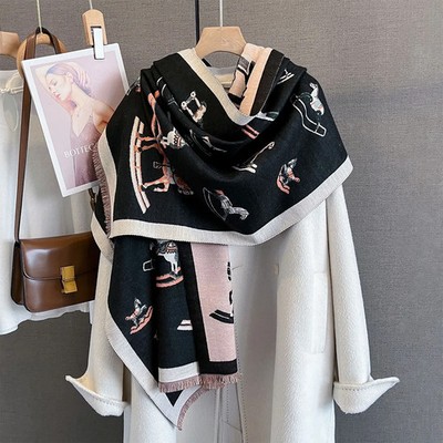 Women Cashmere Feel Scarf Horse Print Shawl Wrap Pashmina Poncho Warm