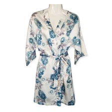 Flora Short Robe by Flora Nikrooz Intimates Satin Ivory Blue Floral Small/Medium