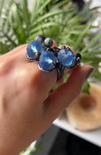 Handcrafted Cluster Ring Blue Glass Gray Stone, Wire Wrapped, size 8-9