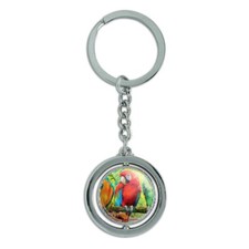 Colorful Tropical Rainforest Parrots Spinning Round Chrome Plated Metal Keychain