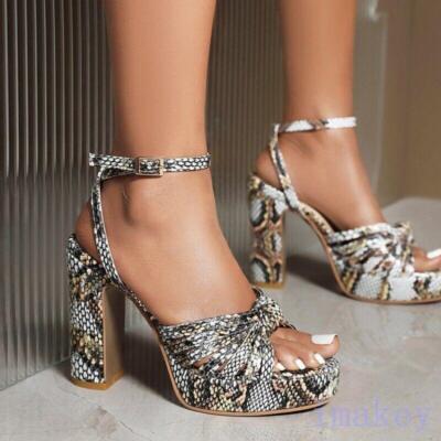Womens Snake Pattern Ankle Strap High Heel Sandals Dress