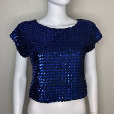 Vintage 1980s Blue Sequin Top 80s Rio Blouse Crop Stripe Lurex Sparkle Disco
