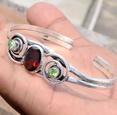 Oval Cut Garnet & Peridot Gemstone 925 Sterling Silver Popular Art Bangle Cuff