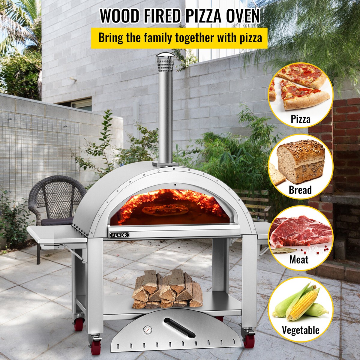 VEVOR Outdoor Pizza Oven Wood Fired Pizza Oven Movable Stainless Steel 44  687117080301 | eBay