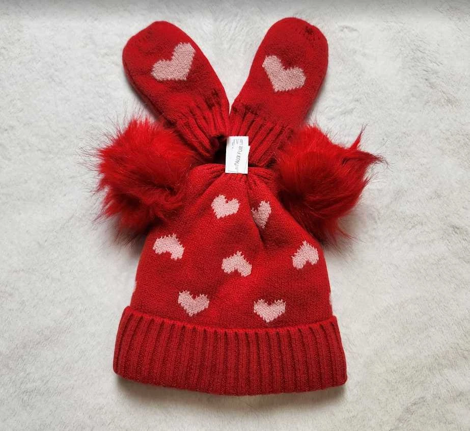 New toddler girl's XS/S Baby Gap Cashsoft red heart pom-pom beanie mittens set - Image 2 of 4