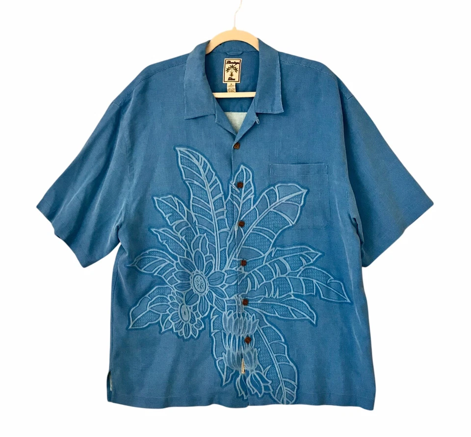 Camisa de campamento hawaiana Montego Mon 100 % seda jacquard azul costera para hombre talla XL Foto 2 de 4