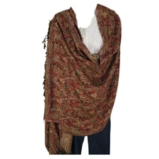 Shawl | Wool + Modal | Paisley Design | Handloomed | Tassels |Dark Copper & Sand