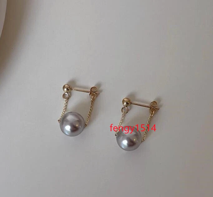 натуральный AAA + 9-10 мм таитянский серый круглый жемчуг серьги 14K золото подвеской серьги - Изображение 4 из 4