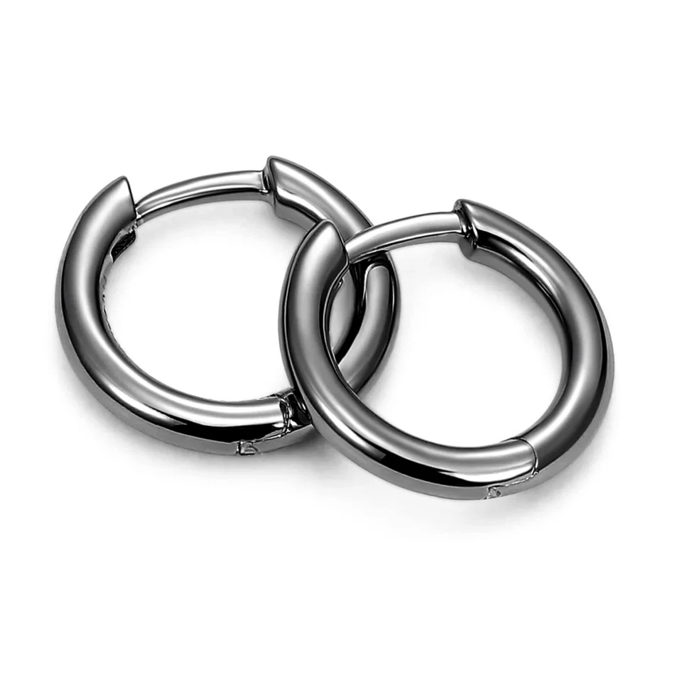 Pendientes de aro pequeños clásicos elegantes de plata de ley 925 maciza pura negros Foto 3 de 4