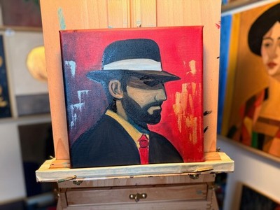 Original Modern Figurative Painting 10x10   Noir Man in Hat, Red Background Art