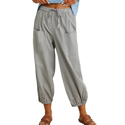 Sommerhose Damen aus Leinen & Baumwolle Bequeme Weite Freizeithose mit Lockeren