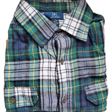 George Men's Flannel Long Sleeve Button Up Green Blue Plaid Shirt Size S 34-36 
