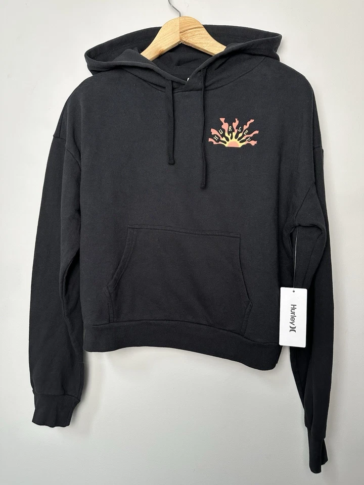 Moletom com capuz Hurley Surf Co feminino cropped preto tamanho pequeno NOVO Waves Sun - Imagem 2 de 4