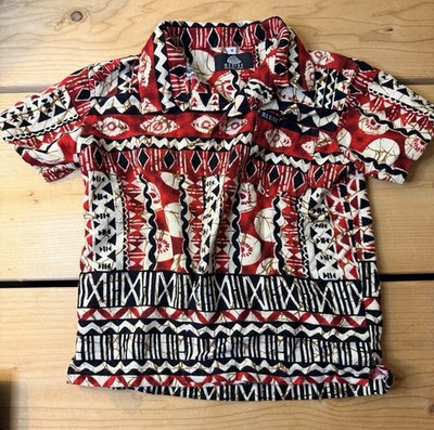 Mesian Hawaiian Polynesian Short Sleeve Button Up Shirt Kid Sz 4/5 Red Blk Aloha